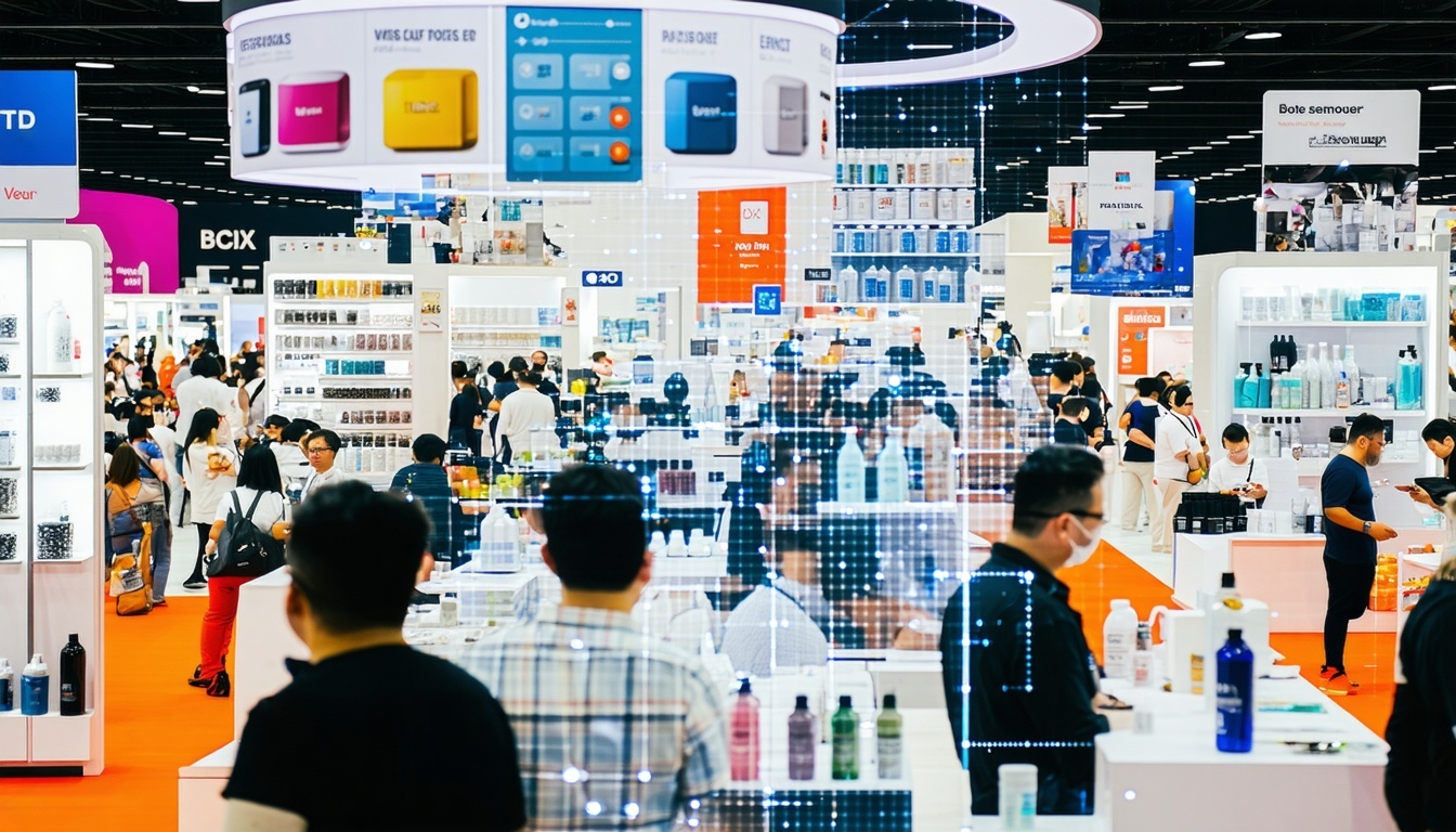 A bustling digital marketplace with various vendor